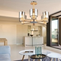 Lampadario in stile nordico moderno e contemporaneo in legno chiaro con paralume in vetro