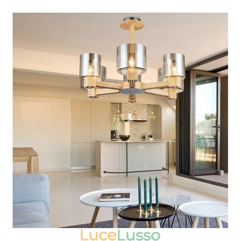 Lampadario in stile nordico moderno e contemporaneo in legno chiaro con paralume in vetro