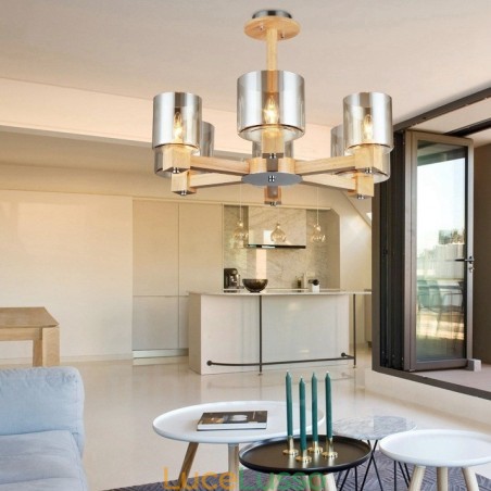 Lampadario in stile nordico moderno e contemporaneo in legno chiaro con paralume in vetro Lampadario in stile nordico moderno e contemporaneo in legno chiaro con paralume in vetro