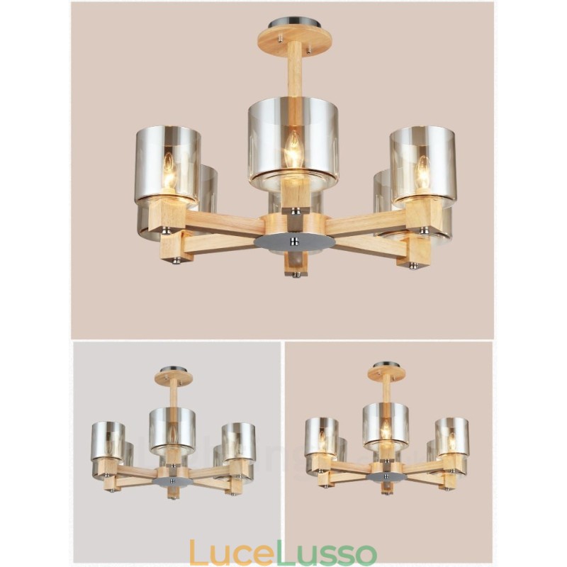 Lampadario in stile nordico moderno e contemporaneo in legno chiaro con paralume in vetro