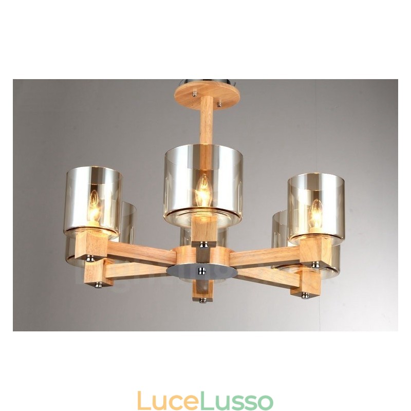 Lampadario in stile nordico moderno e contemporaneo in legno chiaro con paralume in vetro