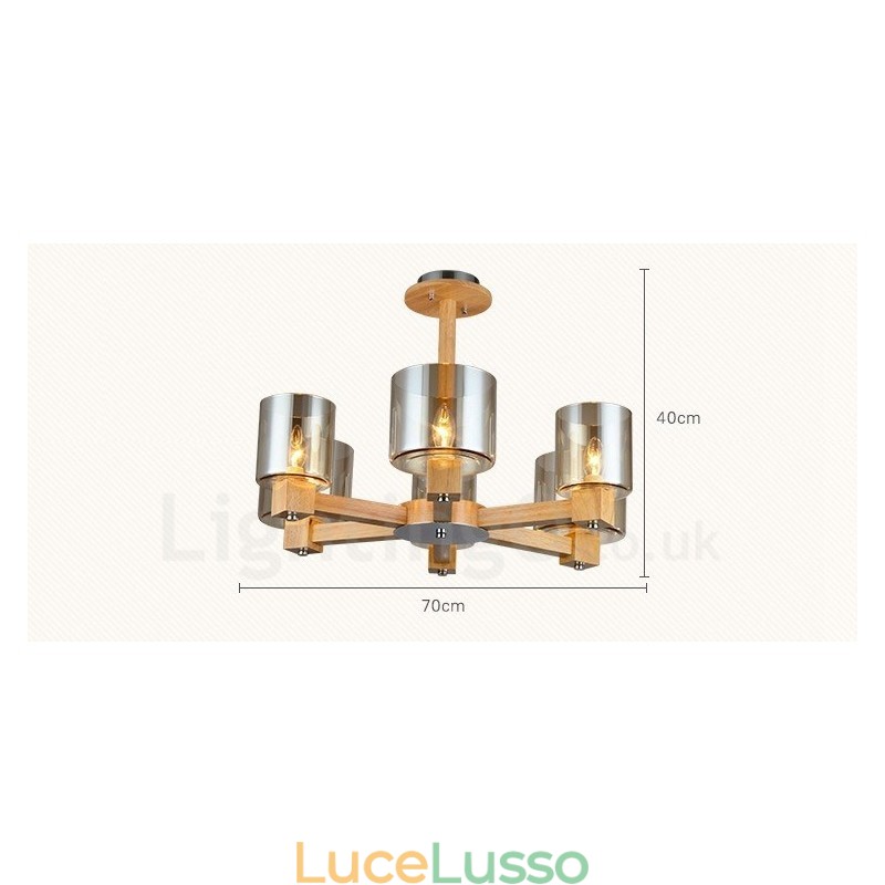 Lampadario in stile nordico moderno e contemporaneo in legno chiaro con paralume in vetro