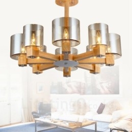 Lampadario moderno in stile nordico contemporaneo in legno chiaro con paralume in vetro
