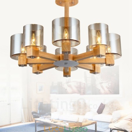 Lampadario moderno in stile nordico contemporaneo in legno chiaro con paralume in vetro Lampadario moderno in stile nordico contemporaneo in legno chiaro con paralume in vetro
