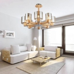 Lampadario moderno in stile nordico contemporaneo in legno chiaro con paralume in vetro