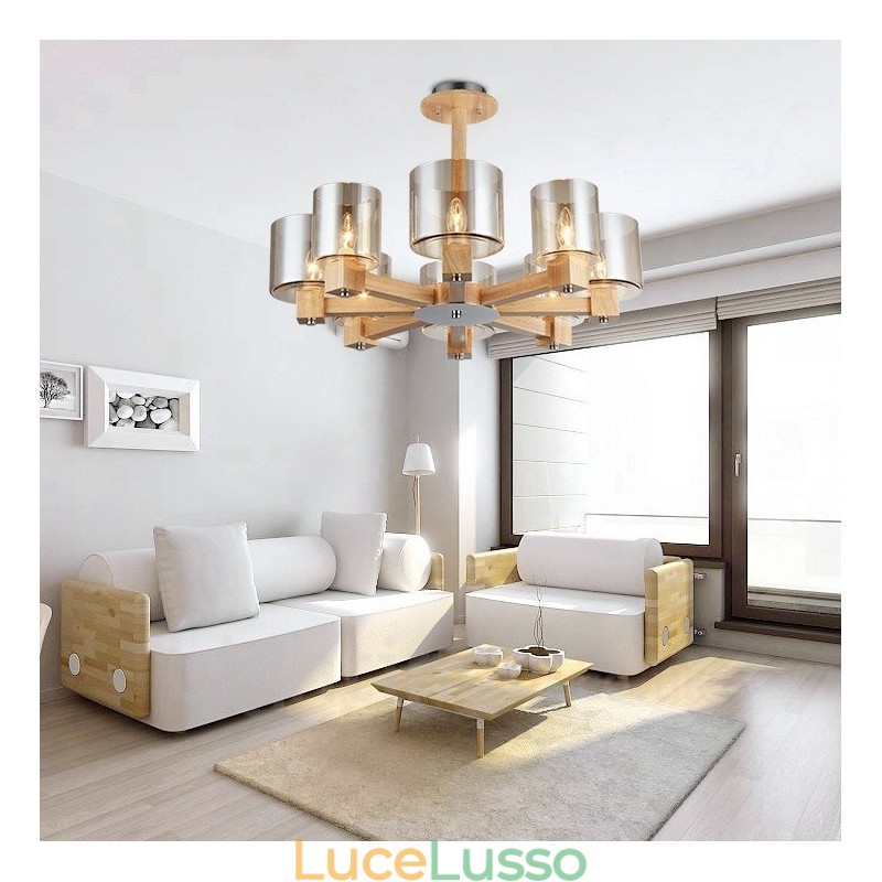 Lampadario moderno in stile nordico contemporaneo in legno chiaro con paralume in vetro