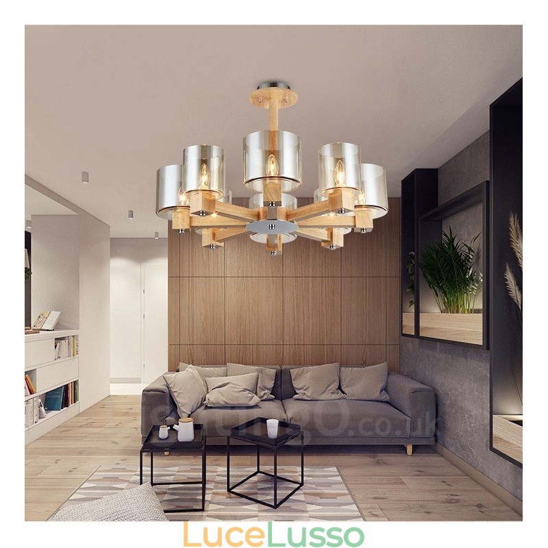 Lampadario moderno in stile nordico contemporaneo in legno chiaro con paralume in vetro