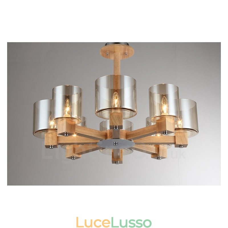 Lampadario moderno in stile nordico contemporaneo in legno chiaro con paralume in vetro