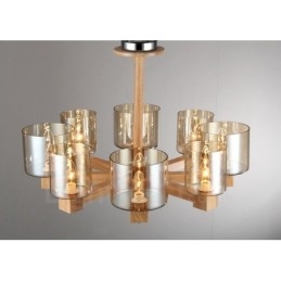 Lampadario moderno in stile nordico contemporaneo in legno chiaro con paralume in vetro