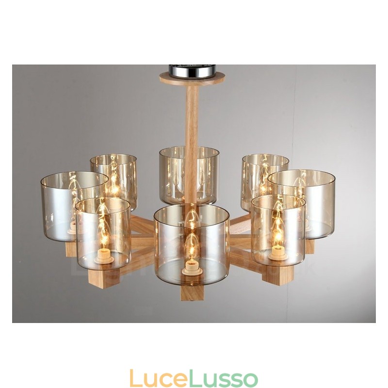 Lampadario moderno in stile nordico contemporaneo in legno chiaro con paralume in vetro
