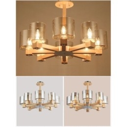 Lampadario moderno in stile nordico contemporaneo in legno chiaro con paralume in vetro