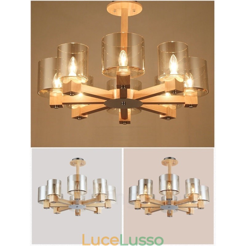 Lampadario moderno in stile nordico contemporaneo in legno chiaro con paralume in vetro