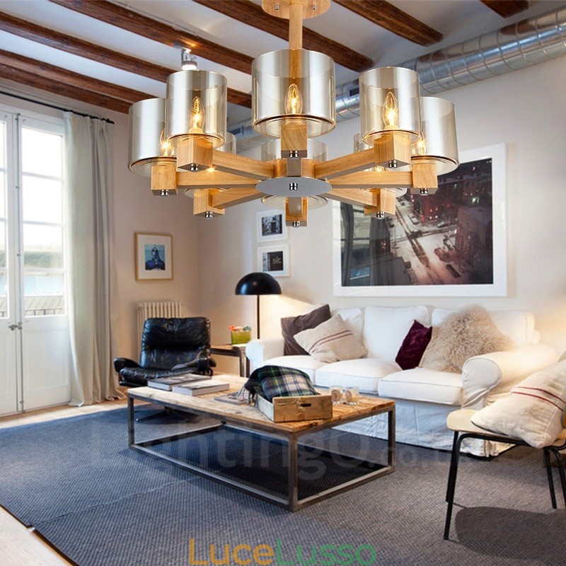 Lampadario moderno in stile nordico contemporaneo in legno chiaro con paralume in vetro