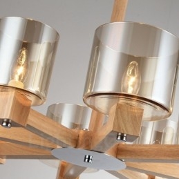 Lampadario moderno in stile nordico contemporaneo in legno chiaro con paralume in vetro