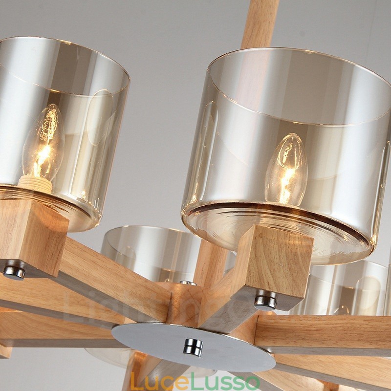 Lampadario moderno in stile nordico contemporaneo in legno chiaro con paralume in vetro