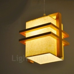 1 lampada a sospensione retrò vintage in legno chiaro con paralume in tessuto