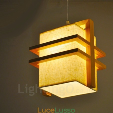 1 lampada a sospensione retrò vintage in legno chiaro con paralume in tessuto 1 lampada a sospensione retrò vintage in legno chiaro con paralume in tessuto