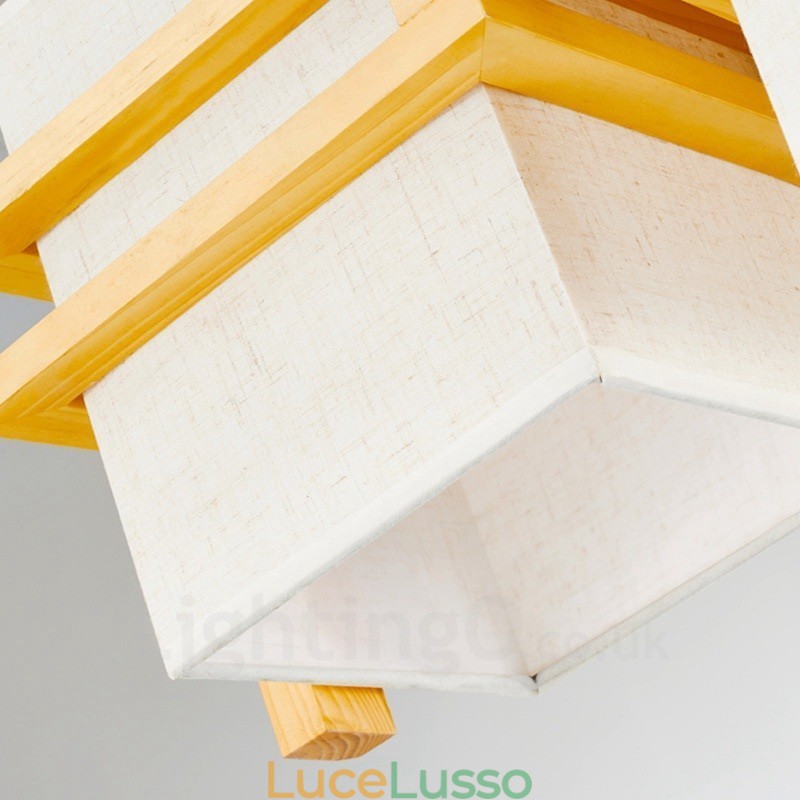 1 lampada a sospensione retrò vintage in legno chiaro con paralume in tessuto