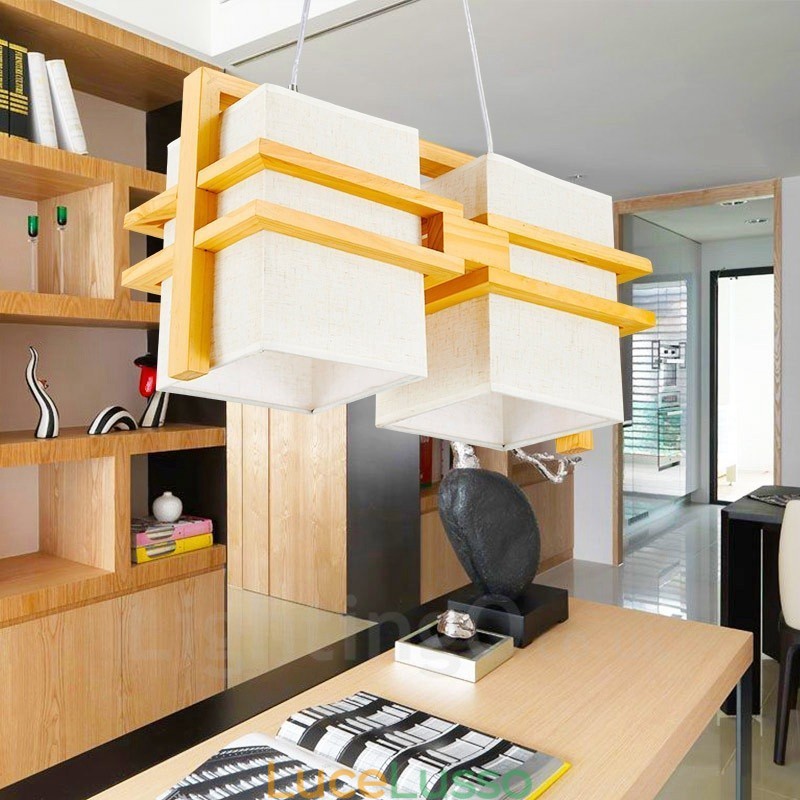 Lampada a sospensione retrò vintage in legno chiaro con paralume in tessuto