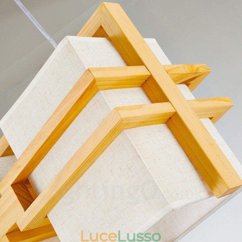 Lampada a sospensione retrò vintage in legno chiaro con paralume in tessuto