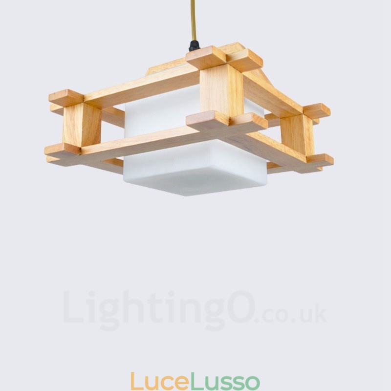 1 lampada a sospensione moderna in stile nordico contemporaneo in legno chiaro con paralume in vetro