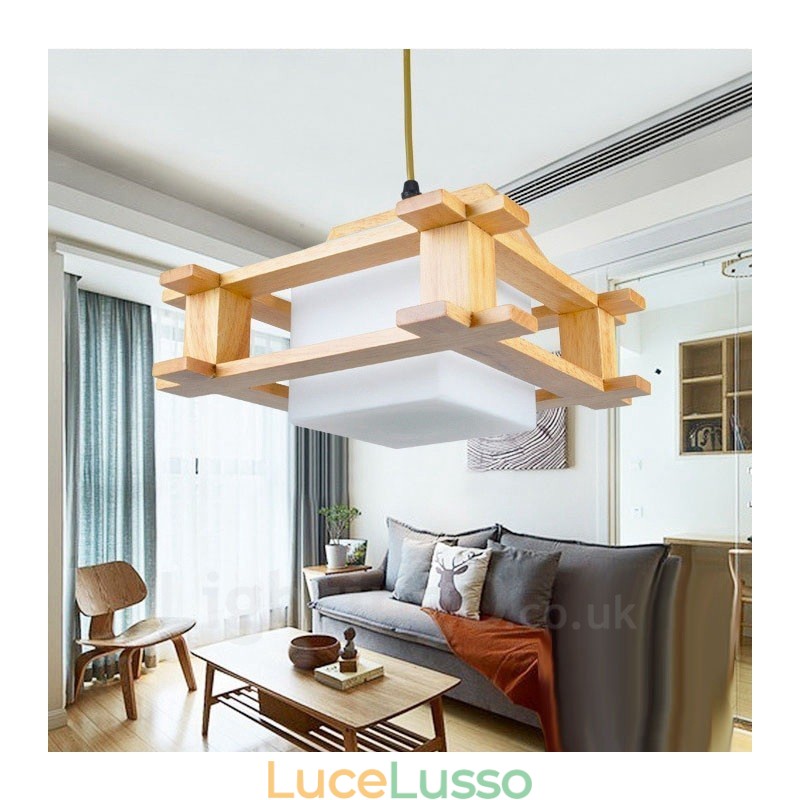 1 lampada a sospensione moderna in stile nordico contemporaneo in legno chiaro con paralume in vetro