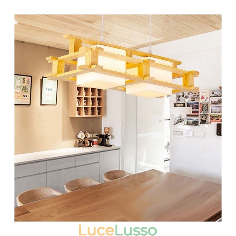 Lampada a sospensione moderna in stile nordico contemporaneo in legno chiaro con paralume in vetro
