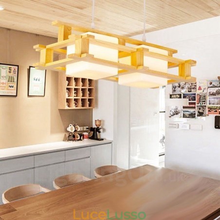 Lampada a sospensione moderna in stile nordico contemporaneo in legno chiaro con paralume in vetro Lampada a sospensione moderna in stile nordico contemporaneo in legno chiaro con paralume in vetro