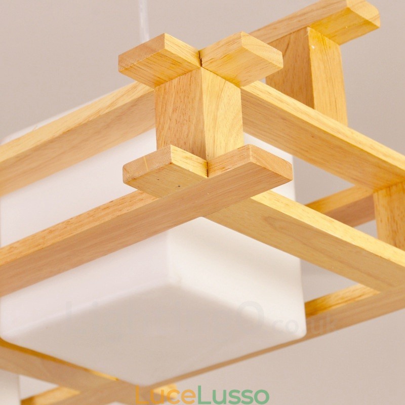 Lampada a sospensione moderna in stile nordico contemporaneo in legno chiaro con paralume in vetro