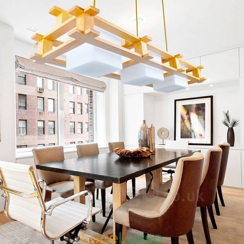 Lampada a sospensione moderna in stile nordico contemporaneo in legno chiaro con paralume in vetro