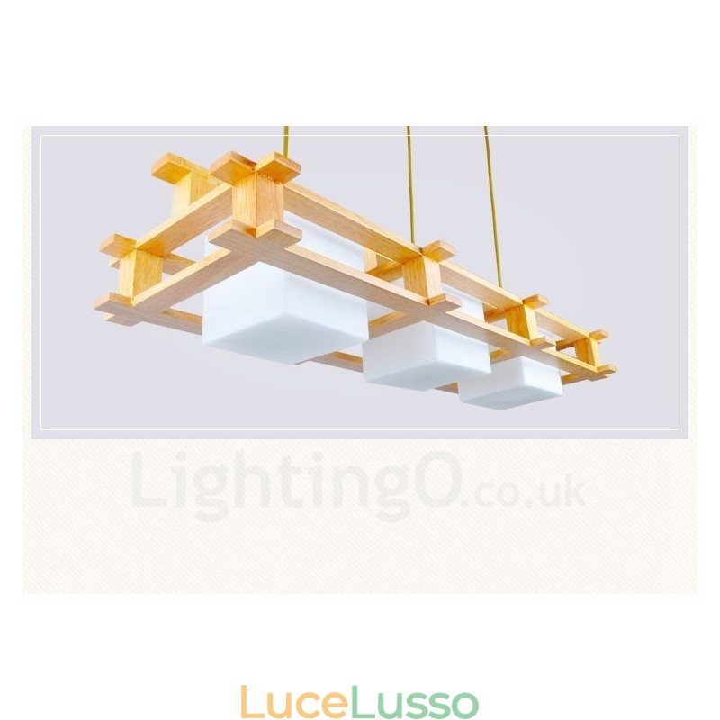 Lampada a sospensione moderna in stile nordico contemporaneo in legno chiaro con paralume in vetro