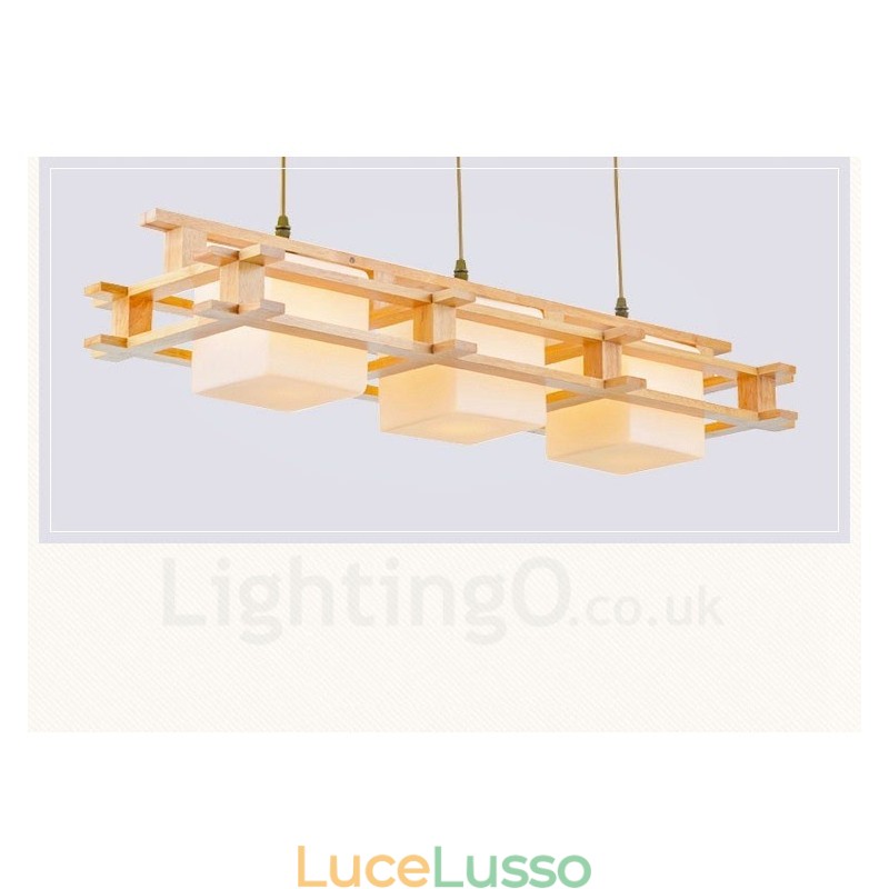 Lampada a sospensione moderna in stile nordico contemporaneo in legno chiaro con paralume in vetro