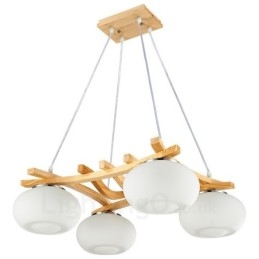 Lampada a sospensione rustica in legno a 4 luci con paralume in vetro