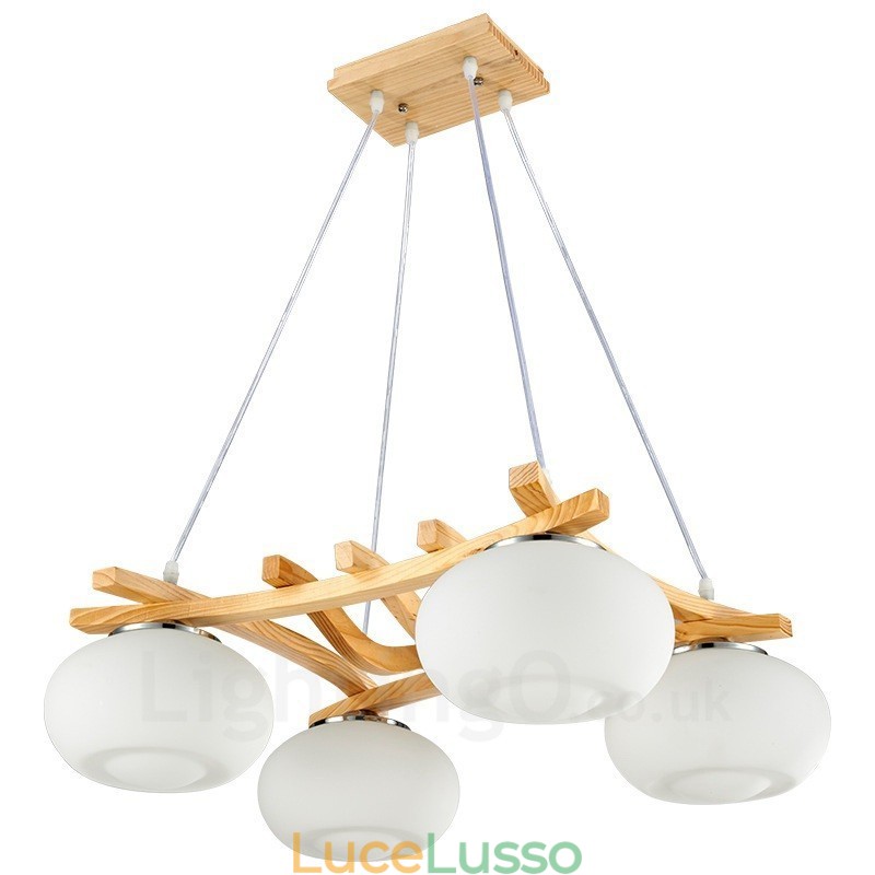 Lampada a sospensione rustica in legno a 4 luci con paralume in vetro