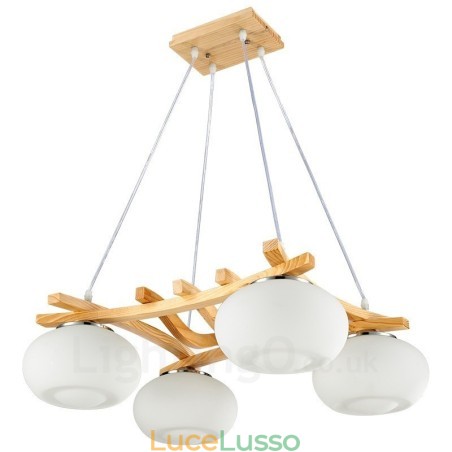 Lampada a sospensione rustica in legno a 4 luci con paralume in vetro Lampada a sospensione rustica in legno a 4 luci con paralume in vetro