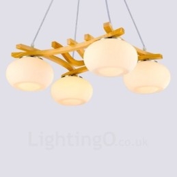 Lampada a sospensione rustica in legno a 4 luci con paralume in vetro
