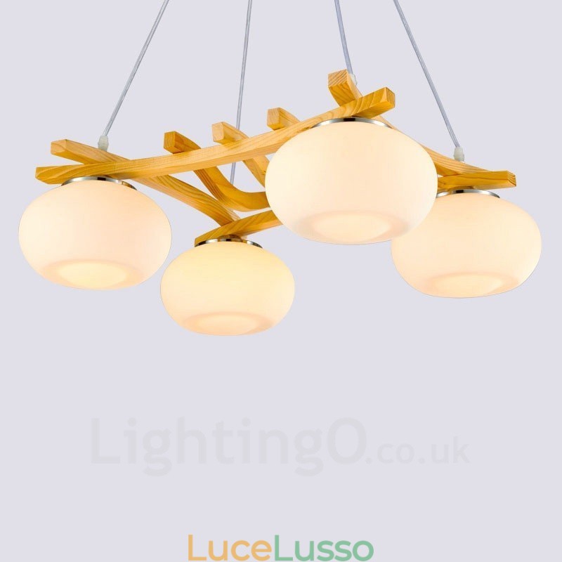 Lampada a sospensione rustica in legno a 4 luci con paralume in vetro