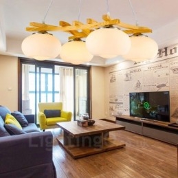 Lampada a sospensione rustica in legno a 4 luci con paralume in vetro