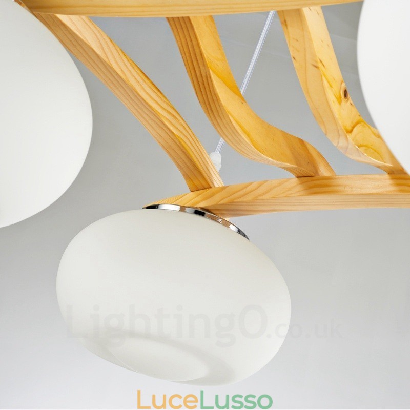 Lampada a sospensione rustica in legno a 4 luci con paralume in vetro