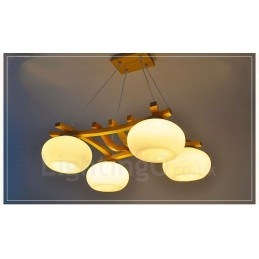 Lampada a sospensione rustica in legno a 4 luci con paralume in vetro