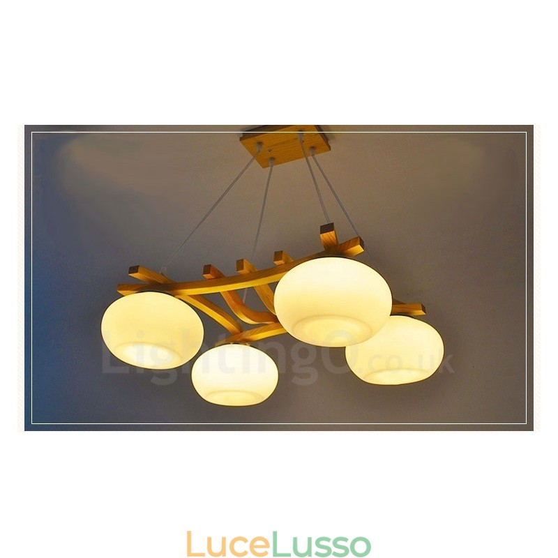 Lampada a sospensione rustica in legno a 4 luci con paralume in vetro