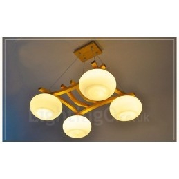Lampada a sospensione rustica in legno a 4 luci con paralume in vetro