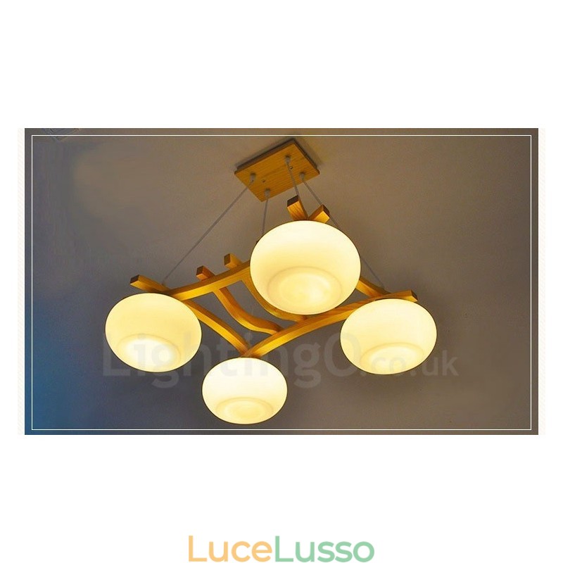 Lampada a sospensione rustica in legno a 4 luci con paralume in vetro