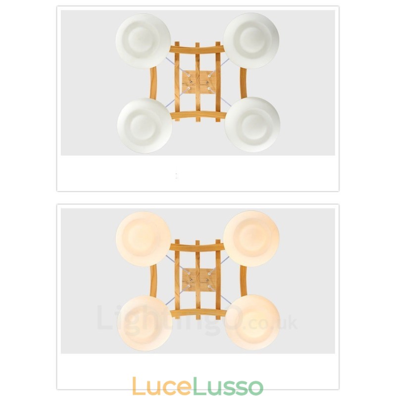 Lampada a sospensione rustica in legno a 4 luci con paralume in vetro