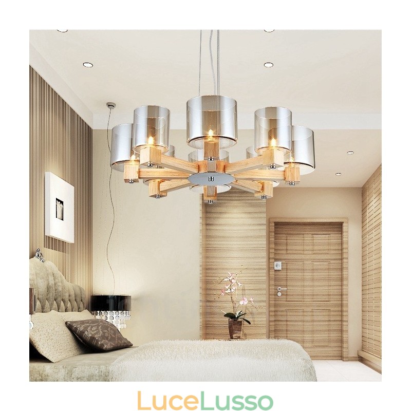 8 luci a sospensione in stile nordico moderno e contemporaneo in legno chiaro con paralume in vetro