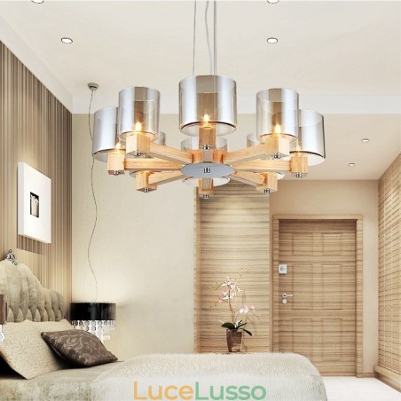 8 luci a sospensione in stile nordico moderno e contemporaneo in legno chiaro con paralume in vetro 8 luci a sospensione in stile nordico moderno e contemporaneo in legno chiaro con paralume in vetro