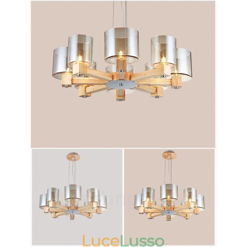 8 luci a sospensione in stile nordico moderno e contemporaneo in legno chiaro con paralume in vetro