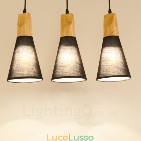 Lampada a sospensione moderna contemporanea in legno a 3 luci con paralume in tessuto Lampada a sospensione moderna contemporanea in legno a 3 luci con paralume in tessuto