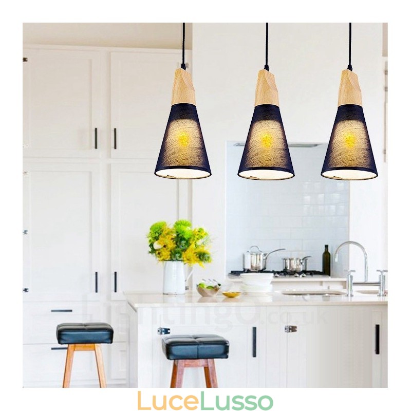 Lampada a sospensione moderna contemporanea in legno a 3 luci con paralume in tessuto