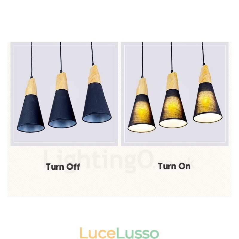 Lampada a sospensione moderna contemporanea in legno a 3 luci con paralume in tessuto